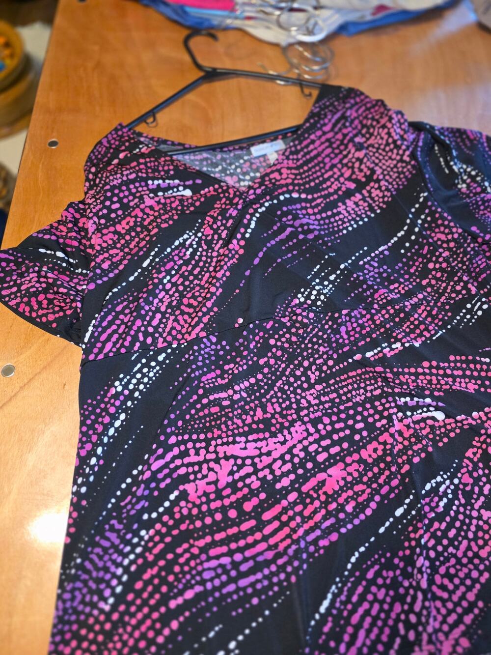 Fashion Bug Black Pink Purple Dot Print V-Neck Top 3X